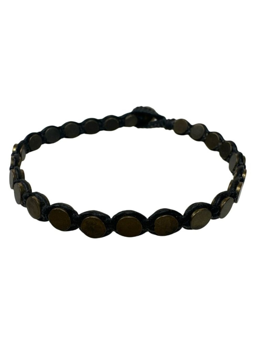 Black Cord Bracelet Bronze Round Button Closure Boho Artsy Stackable Handmade